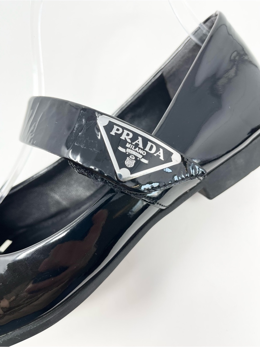 Prada Black Patent Leather Square Toe Triangle Logo Mary Jane Janes Flats 38 8 - Picture 7 of 11